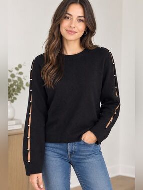 Melanie Lyne Black Crewneck Soft Sweater with Shoulder Stud Cutout